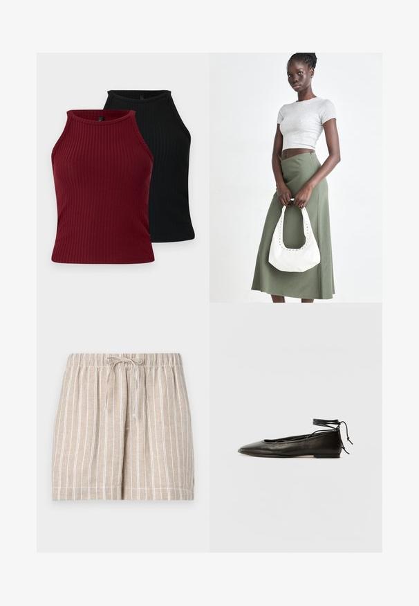 Divas divi T-krekli: viens bordo un viens melns. Abi ir ar augstu kakla izgriezumu, pieguļošu formu un gludu tekstūru.; Bēša linu šorti ar baltām vertikālām svītrām, elastīga jostasvieta un aukla. Ikdienišķais dizains ietver šuvju apdari un sānu kabatas.; Melnas ādas baleta kurpes ar smailu purngalu, potītes saitēm un plakanu zoli, kas izceļas ar gludu tekstūru un minimālistisku dizainu.; Pelēks ribots īsais tops un olīvzaļš augstās vidukļa svārki. Modelis tur baltu plecu somu ar izgriezumiem. Vienkāršs dizains, pieguloša silueta.