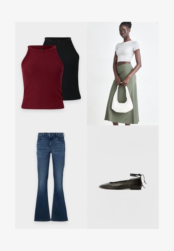Divas divi T-krekli: viens bordo un viens melns. Abi ir ar augstu kakla izgriezumu, pieguļošu formu un gludu tekstūru.; Tumši zili platleņķa džinsi ar piecu kabatu dizainu, denima materiālu, jostu ar pogu aizdari un nelielu izbalēšanu priekšpusē.; Melnas ādas baleta kurpes ar smailu purngalu, potītes saitēm un plakanu zoli, kas izceļas ar gludu tekstūru un minimālistisku dizainu.; Pelēks ribots īsais tops un olīvzaļš augstās vidukļa svārki. Modelis tur baltu plecu somu ar izgriezumiem. Vienkāršs dizains, pieguloša silueta.