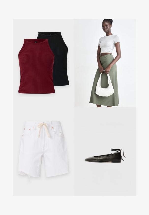 Kaksi urheilusivetintä: yksi burgundin värinen ja toinen musta. Molemmissa on korkea kaula-aukko, tiukka malli ja sileä pinta.; Valkoiset farkkushortsit, joissa on raaka helma, puuvillasekoitetta ja beige nauha vyötäröllä. Varustettu kuparinvärisillä yksityiskohdilla ja sivutaskuilla.; Musta nahka ballet-flatit, joissa on terävä kärki, nilkkaremmiliitos ja litteä pohja, varustettuna sileällä pinnalla ja minimalistisella muotoilulla.; Harmaa ribbattu crop-top ja oliivinvihreä korkeavyötäröinen hame. Malli pitää valkoista olkalaukkua, jossa on leikattu yksityiskohtia. Yksinkertainen muotoilu, vartalonmyötäinen siluetti.
