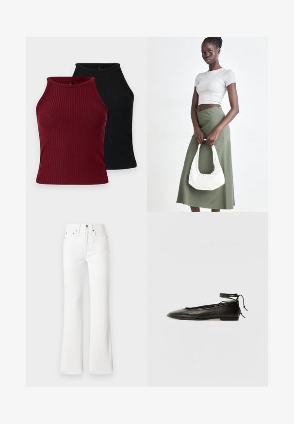 Dvě žebrované tílka: jedno bordó a jedno černé. Obě mají vysoký výstřih, přiléhavý střih a hladkou texturu.; Bílé zvonové džíny z bavlněného denimového materiálu, s vysokým pasem, předními kapsami a zapínáním na knoflík se zipem. Hladký, strukturovaný povrch.; Černé kožené baletky s špičatou špičkou, vázáním na kotníku a plochou podrážkou, s hladkým povrchem a minimalistickým designem.; Šedý pruhovaný crop top a olivově zelená sukně s vysokým pasem. Modelka drží bílou kabelku přes rameno s výřezovými detaily. Jednoduchý design, přiléhavý silueta.