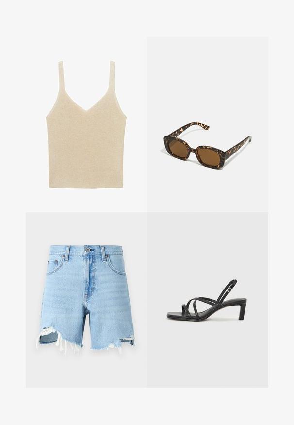 Mango Top - gold-coloured; Svijetloplave traper šortse s klasičnim pet džepnim dizajnom, striženi rub i oštećeni detalji sprijeda.; Črne natikače s trakovi in kvadratnim prstom ter nizkim blokastim peto. Imajo več tankih trakov in nastavljiv trak okoli gležnja. Narejene so iz gladkega usnja.; Sončna očala iz kornjačine s poudarjenim, okroglim okvirjem in rjavimi lečami. Imajo subtilne vzorce in ravne, zožene ročke.; Črna kviltana usnjena torbica z zlatim verižnim ročajem in zapiranjem z obročkom, ki ima okroglo okrasje. Kompaktna pravokotna oblika.