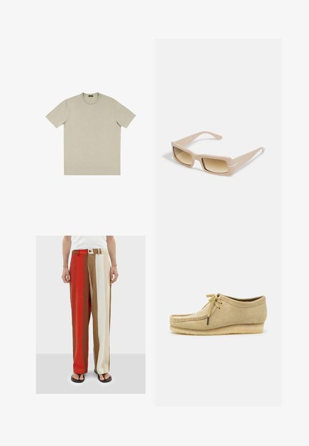 T-shirt beige a maniche corte realizzato in morbido cotone, con collo rotondo e cuciture pulite, progettato con una vestibilità rilassata e dettagli minimi.; Thinking Mu MARC - Pantaloni - red; Scarpa in suede beige con design a lacci, dettagli cuciti e suola in gomma. La forma è casual con un leggero tacco a cuneo.; Occhiali da sole quadrati con montatura in beige opaco e lenti marroni sfumate, dotati di un piccolo dettaglio logo bianco sul lato.
