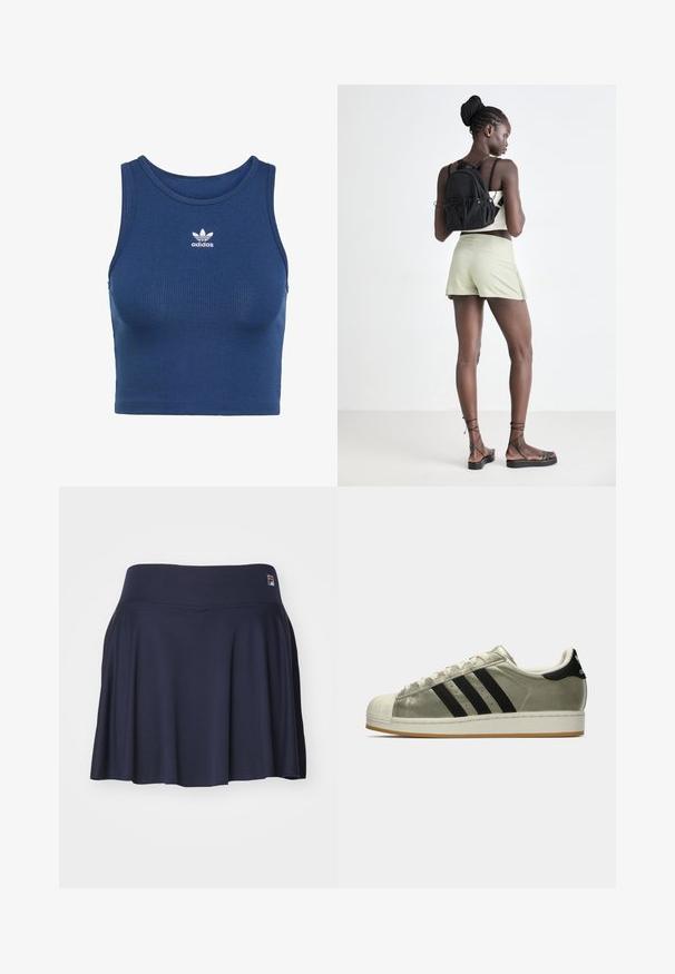 Sinine soonik, mis on valmistatud venivast kangast, ümmarguse kaeluse ja väikese valge Adidas logo detailiga rinnaosas.; Fila SKORT NICCI - Spordiseelik - navy; Adidase tennised metallilise oliivivärvi pealisosa, kolm musta triipu, kummist varbakarpi ja kummist välistald. Klassikaline disain tekstureeritud kangaga.; Mustmustööde must nööriga seljakott, helesinised lühikesed püksid, beež topp ja mustad rihmadega sandaalid. Mudel poseerib seljaga kergelt heleda tausta ees.