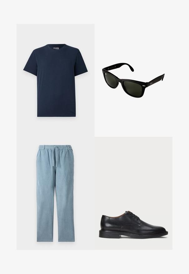 Tumed sinine puuvillane T-särk ümmarguse kaelusega ja lühikeste varrukatega. Omab lihtsat disaini ilma mustrite või kaunistusteta.; Heledad sinine kuldkangas püksid, millel on elastne vöökoht, pael ja sirge jalgade kuju, ning ribakujuline tekstuur. Nähtavad taskud puuduvad.; Must musta kleitjalats ümarate varvastega, paeltega disain ja madal virnastatud konts. Sile tekstuur minimaalsete õmblustega.; Mustad must plastikust päikeseprillid tumeroheliste läätsedega. Ruudukujuline raam koos hõbedaste aksessuaaridega ja reljeefne logo kõrvaplokkidel.