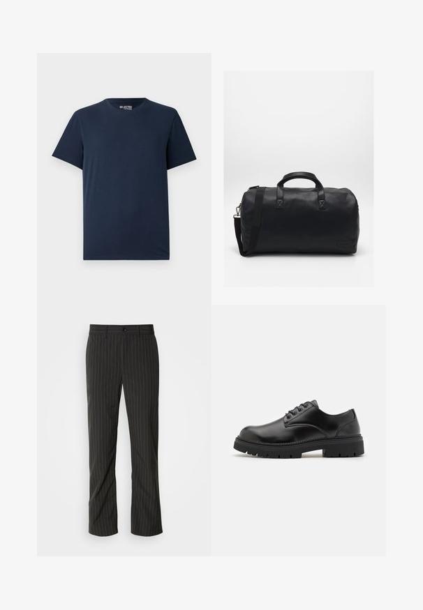 Tumed sinine puuvillane T-särk ümmarguse kaelusega ja lühikeste varrukatega. Omab lihtsat disaini ilma mustrite või kaunistusteta.; Musthave sirgedega mustad püstkirjaga püksid otse lõikega. Omab siledat tekstuuri, eesotavat nööbnuppu ja vöökohas olevaid silte.; Mustad mustad nahast jalanõud, millel on ümardatud varvas, paeltega disain ja paks, tekstuuriga kummitald. Omab äärte pikeeringut ja siledat viimistlust.; Must musta käsnaga valmistatud tekstureeritud sünteetilisest materjalist. Omab kahte käepidet ja reguleeritavat õlavarre rihma. Lihtne disain ilma nähtavate mustriteta.