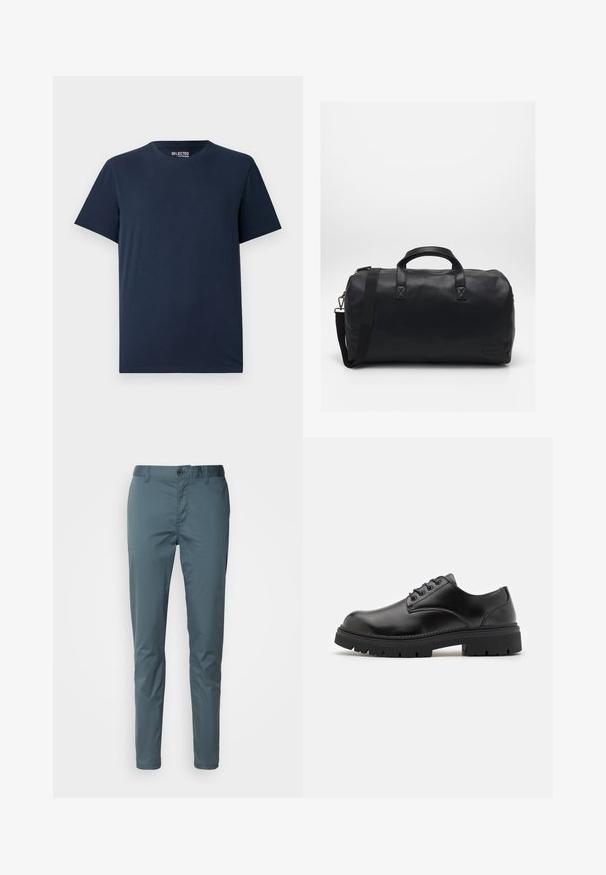 T-shirt di cotone blu navy con scollatura rotonda e maniche corte. Presenta un design semplice senza motivi o decorazioni.; Scotch & Soda ESSENTIALS STUART - Chino - steel; Scarpe in pelle nera con punta arrotondata, design lace-up e suola in gomma spessa e testurizzata. Presentano una cucitura lungo il bordo e una finitura liscia.; Borsa a secchiello nera realizzata in materiale sintetico testurizzato. Presenta due manici e una tracolla regolabile. Design semplice senza motivi visibili.