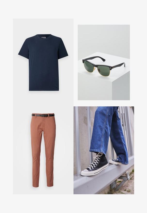 Temno modra bombažna majica s krožnim izrezom in kratkimi rokavi. Ima preprost dizajn brez vzorcev ali okrasitev.; Chino hruškovite barve z vitkim krojem, ki vključujejo črn usnjen pas, stranske žepke in gladko teksturo tkanine.; Črne visoke teniske z belim podplatom in vezalkami, v kombinaciji z ohlapnimi modrimi džinsom, naslonjene na sivo ograjo.; Sončne naočale Ray-Ban z zelenimi lečami, črnimi plastičnimi okvirji in zlatimi poudarki na robovih. Kvadratna oblika z mat površino.