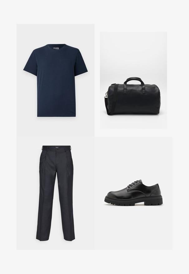 Jūrinės mėlynos spalvos medvilninis T-shirt'as su apvaliu iškirpimu ir trumpomis rankovėmis. Pasižymi paprastu dizainu be raštų ar papuošimų.; Tamsiai mėlynos pritaikytos kelnės su klostėmis, pagamintos iš lygios medžiagos. Su mygtuko uždarymu ir diržo kilpomis. Švarus, tiesus kojų dizainas.; Juodi odiniai bateliai su apvaliu nosiu, raištelių užsegimu ir storu, tekstūruotu guminėmis padais. Yra siuvinėjimas per kraštą ir lygus paviršius.; Juodas sportinis krepšys, pagamintas iš tekstūruotos sintetinės medžiagos. Yra du rankenoms ir reguliuojama petneša. Paprastas dizainas be matomų raštų.