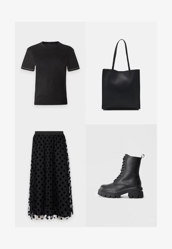 Black cotton t-shirt with short sleeves, round neckline, and contrasting white stitching at the sleeve cuffs. Smooth texture, relaxed fit.; Black tulle skirt featuring large black polka dots, elastic waistband, layered design, and a sheer texture with a solid hem.; Black leather lace-up boots with a chunky sole, rounded toe, and textured upper. Features metal eyelets and a small pull tab on the back.; Black leather tote bag with smooth texture, rectangular shape, and two long handles. No visible hardware or embellishments.