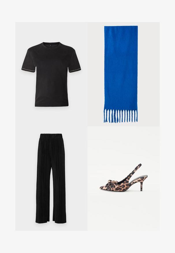 Schwarzes Baumwoll-T-Shirt mit kurzen Ärmeln, Rundhalsausschnitt und kontrastierenden weißen Nähten an den Ärmelsäumen. Glatte Textur, lockere Passform.; Schwarze plissierte Hose mit elastischem Bund. Verfügt über weite Hosenbeine und einen glatten, strukturierten Stoff mit vertikalen Streifen.; Leopardenmuster Slingback-Absätze mit spitzer Zehenpartie, einer Schleifenapplikation vorne und einem schlanken hohen Absatz, gefertigt aus einem weichen Textilmaterial.; Blauer gefranster Schal aus weichem Stoff; hat eine einfarbige Oberfläche mit strukturierter Textur und gleichmäßig geschnittenem Fransen am unteren Ende.; Schwarze Laptoptasche aus Leder mit glatter Textur, rechteckiger Form und zwei langen Griffen. Keine sichtbaren Beschläge oder Verzierungen.