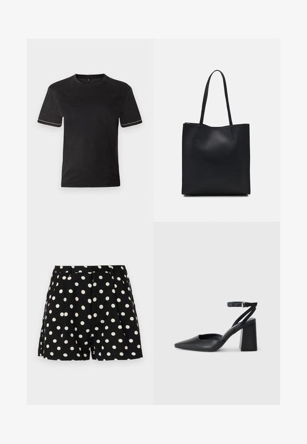 Sort bomulds T-shirt med korte ærmer, rund halsudskæring og kontrasterende hvid syning ved ærmekanterne. Glat tekstur, afslappet pasform.; Sorte shorts med hvide prikker, der har folder foran og sidelommer. Fremstillet af et let materiale.; Sort læder spidse pumps med ankelrem og en chunky hæl. Flad tekstur, slankt design og minimalistisk æstetik.; Sort læder tote taske med glat tekstur, rektangulær form og to lange hanke. Ingen synlig hardware eller udsmykninger.