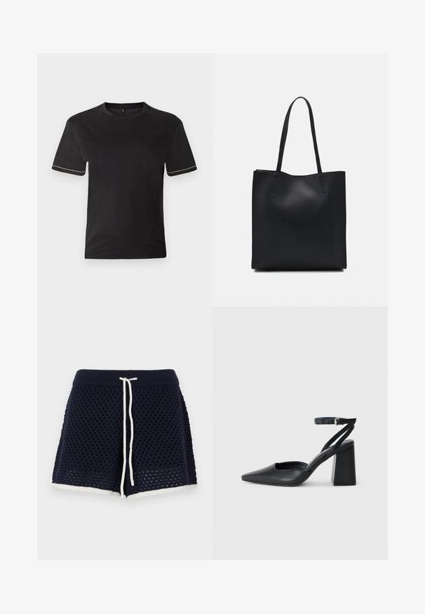 Zwarte katoenen T-shirt met korte mouwen, ronde halslijn en contrasterende witte stiksels bij de mouwuiteinden. Gladde textuur, casual pasvorm.; Marine gebreide shorts met een textuurpatroon, verstelbare koordjes en een geschulpte witte zoom. Lichtgewicht en ademend materiaal.; Zwarte leren puntige pump met een enkelbandje en een chunky hak. Vlakke textuur, strakke vormgeving en minimalistische esthetiek.; Zwarte leren handtas met een gladde textuur, rechthoekige vorm en twee lange handvaten. Geen zichtbare hardware of versieringen.