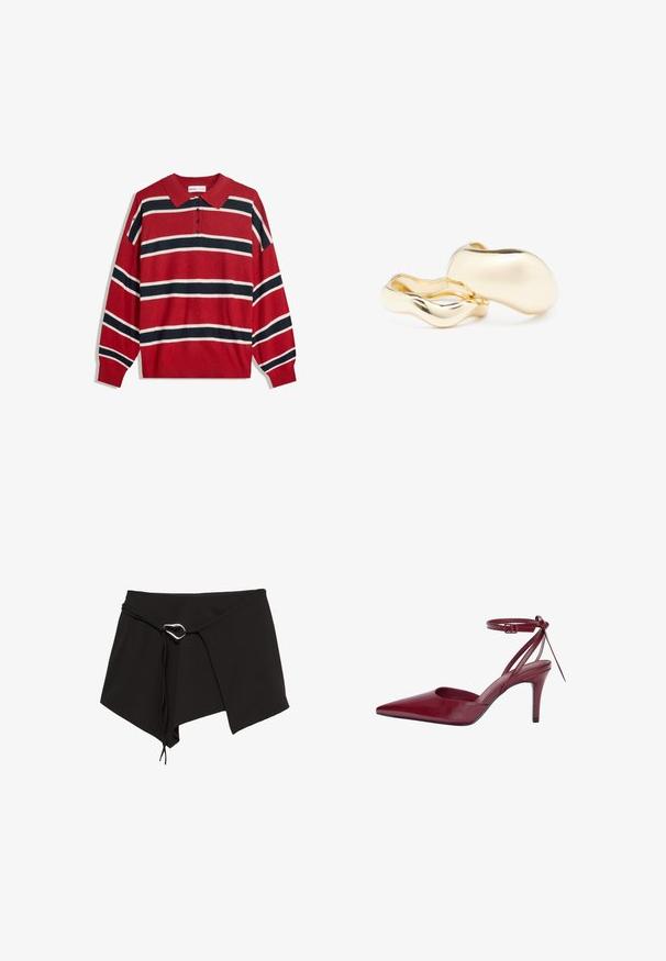Rood gestreepte trui met een polo kraag, voorzien van horizontale marineblauwe en witte strepen, lange mouwen en drie knopen aan de voorkant. Zachte textuur.; Zwarte wikkelrok gemaakt van zacht materiaal, met een diagonale snit, verstelbare strik met een zilverkleurig hardwareaccent en een asymmetrische zoom.; Bordeaux lederen hoge hakken met een spitse neus, open zijkanten en enkelbandje. Heeft een slank ontwerp en een gladde textuur.; Gouden oorbellen met een organische, boonachtige vorm en een glad, reflecterend oppervlak; ze hebben een minimalistisch ontwerp zonder zichtbare bevestigingsmiddelen.