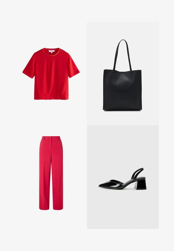 Rdeča kratka majica s kratkimi rokavi, izdelana iz mehke bombažne tkanine; ima okrogel izrez z kontrastnim oranžnim robom in ravno kroj.; Rdeče hlače širokega kroja z visokim pasom, z zankami za pas in skritim sprednjim zapiranjem na belem ozadju.; Črne lakirane slingback pete s koničastim nosom in geometrijsko blokasto peto. Imajo eleganten, minimalističen dizajn in gladko teksturo.; Črna usnjena torba s svilnato teksturo, pravokotne oblike in dvema dolgima ročajema. Brez vidnih metalnih delov ali okrasnih elementov.