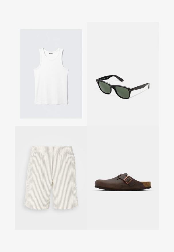 Top bianco senz maniche con scollo rotondo e bretelle larghe. Realizzato in un tessuto leggero e liscio, caratterizzato da un design minimalista senza fantasie.; Pantaloni corti a righe realizzati in un tessuto leggero e traspirante. Colore avorio con sottili righe verticali grigie. Vita elastica.; Zoccolo in pelle marrone con una fascia ampia e una fibbia in rame, caratterizzato da una soletta in sughero testurizzata e una suola in gomma nera spessa.; Occhiali da sole in plastica nera con lenti verdi, montatura quadrata, dettaglio argento sulla parte superiore e steli con texture. Marchio indicato sulla parte interna dello stelo.