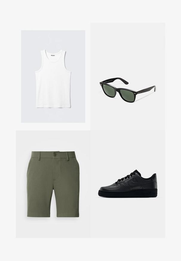 Λευκό κορμάκι με στρογγυλή λαιμόκοψη και φαρδιές τιράντες. Φτιαγμένο από ένα λεία, ελαφριά ύφασμα, με μινιμαλιστικό σχέδιο χωρίς μοτίβα.; Les Deux COMO SEASONAL - Σορτς - olive night melange; Μαύρο παπούτσι Nike Air Force 1 με λείο δερμάτινο άνω μέρος, τρυπητή μύτη για αναπνοή, μαύρες κορδόνες και υφή ελαστικής σόλας.; Μαύρα πλαστικά γυαλιά ηλίου με πράσινους φακούς, τετράγωνα σκελετά, ασημένια λεπτομέρεια στη ράχη και υφασμένες βραχίονες. Δηλωμένη μάρκα στον εσωτερικό βραχίονα.
