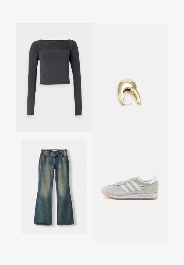 Hosszúujjú, cropped felső sötétszürke anyagból, sima textúrával. Négyzet alakú kivágással és testhez simuló fazonnal rendelkezik.; Kék, bővülő fazonú farmernadrág, elhasználódott mosással, öt zsebbel és gombos záródással. Az anyag denim textúrája finom varrási részletekkel rendelkezik.; Világosszürke sportcipő velúr és hálós anyagból, három fehér csíkkal, kerek orral és gumi talppal. Arany logó dísz a fűzők közelében.; Aranyszínű fém fülbevaló, elegáns, ívelt formával. Különleges hegyes alak, fényes felszín és zsanéros záródás jellemzi.