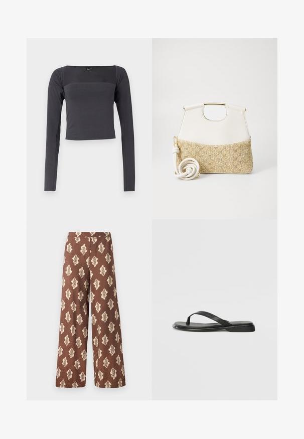 Ilgos rankovės, trumpas viršus tamsiai pilkos spalvos audiniu su glotnia tekstūra. Savybės: kvadratinis iškirpimas ir prigludusi forma.; Platus rudos spalvos kelnės, pagamintos iš tekstūruoto audinio, su pakartotine kreminės spalvos lapų raštu. Elastinė juostos dalis.; Juodos šlepetės, pagamintos iš lygios odos, su plona dirželių konstrukcija ir plokščiu padu, turinčiu minimalų profilį. Be pastebimų raštų ar akcentų.; Balta odinė rankinė su tekstūruotu kreminiu pintu dugnu. Ypatumai: auksinės spalvos rankena ir suktas baltas dirželis, suteikiantis universalumo.