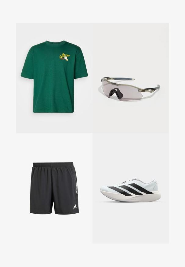 Camiseta de algodão verde com mangas curtas, decote redondo e um emblema gráfico com "Oyster Crew" e um logótipo em amarelo e vermelho.; Bermudas atléticas pretas com um cós elástico, perna curta e detalhes em branco nas laterais. Feitas de um tecido leve.; Tênis de corrida leves em azul pálido com riscas pretas. Apresentam um cabedal liso, bico redondo e uma entressola espessa branca rotulada como "LIGHTSTRIKE PRO."; Óculos de sol com uma armação cinza translúcida, lentes com tonalidade e design angular. Apresenta um suporte nasal distinto e hastes em cinza escuro texturizado.