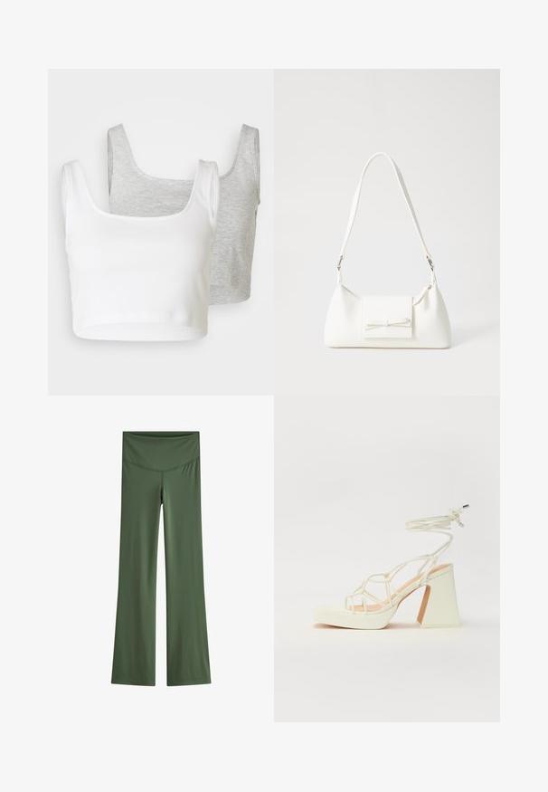 Kaks lühikeste varrukatega topi: üks valge, ribikangas; teine heledat halli, peenikeses segus tekstuur. Mõlemal on laiad rihmad ja ümar kaelus.; Laienevad retuusid ühesoolises oliivrohelises kangas, millel on sujuv vöökoht ja stiilne disain, kus ei ole silmatorkavaid mustreid ega kaunistusi.; Valged kõrge kontsaga sandaalid, millel on paks konts ja rihmadega disain koos pahkluu sidumisega. Sile tekstuur ja platvorm ees, et lisada kõrgust.; Valge sünteetilisest materjalist kott kolmnurkse kujuga, lame esiklapiga ja kaaredetailiga, reguleeritava rihmaga, sileda tekstuuriga ja minimalistliku disainiga.