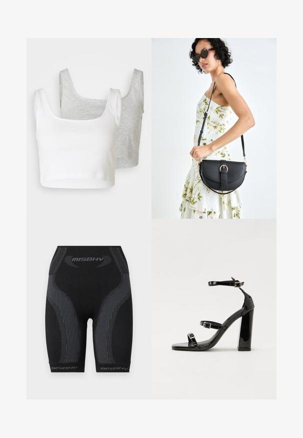 Zwei gekürzte Tanktops: eines in Weiß aus geripptem Stoff, das andere in Hellgrau mit melierter Textur. Beide haben breite Träger und einen abgerundeten Halsausschnitt.; Schwarze Sportshorts mit slim-fit Design, strukturiertem Stoff, vertikalen grauen Streifen und "MISBHV" Logo am Saum.; Schwarze patentierte Sandalen mit Absatz, quadratischer Spitze, Knöchelriemen und silbernen Schnallen. Mit einem stabilen Blockabsatz für mehr Stabilität.; Schwarze Lederhandtasche mit geschwungener Form, abnehmbarem Tragegurt und goldenen Beschlägen. Die Tasche verfügt über einen Deckel mit einer Schnallen-Details.