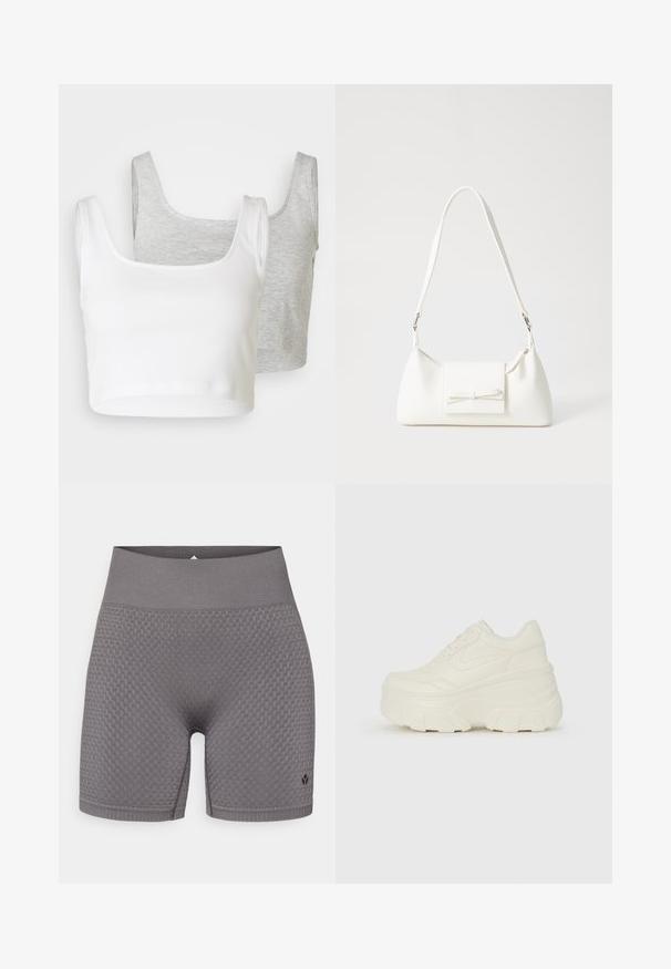 Kaksi leikattua toppia: yksi valkoinen, ribatusta kankaasta; yksi vaaleanharmaa, heikennetty rakenne. Molemmissa on leveät hihnat ja pyöreä kaula-aukko.; Harmaat tekstituturilla varustetut urheilushortsit, joissa on leveä elastinen vyötärö ja hillitty logo alhaalla vasemmalla puolella. Kankaassa on kuvioitu muotoilu.; Valkoiset tasapohjakengät, joissa on sileä nahkamainen päällinen, pyöristetty muoto, pehmustettu nilkkaosa ja texturoitu kumipohja, jossa on hyvin määritellyt urat.; Valkoinen synteettinen käsilaukku, jossa on kolmikulmainen muoto, tasainen etu läppä ja nauhadetail, säädettävä olkahihna, sileä rakenne ja minimalinen muotoilu.