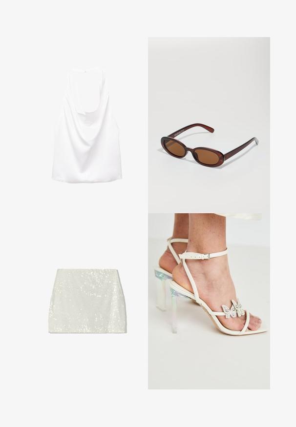 Haut sans manches blanc avec un dos drapé, fabriqué à partir d'un tissu lisse. Présente un col rond et une coupe ample et décontractée.; Bershka Jupe trapèze - white; Sandales à talons blancs avec des brides, équipées de talons block transparents et irisés, et d'accents décoratifs en forme de papillon sur les brides. Texture en cuir lisse.; Lunettes de soleil rondes teinte brun avec une monture bordeaux brillante. Branches fines avec un détail de marque subtil. Design de verres plats.; Porte-monnaie Michael Kors en toile enduite beige avec un motif répété de logo MK, des accessoires en or et une bandoulière en chaîne amovible.