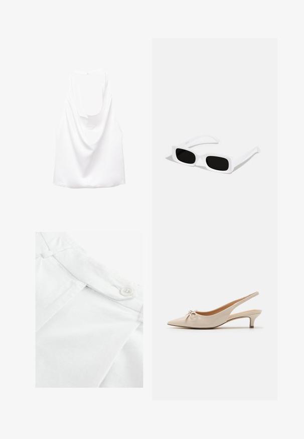 Witte mouwloze top met een gedrapeerde achterkant, gemaakt van een gladde stof. Heeft een ronde halslijn en een losse, relaxte pasvorm.; Witte katoenen stof met een vlakke voorkant, voorzien van een knoop en een klein plooidetail aan de tailleband. Gladde textuur, klassiek ontwerp.; Beige gepatineerde lederen slingback hakken met een spitse neus en een decoratieve strik op de wreef. Voorzien van een lage, slanke hak en een gladde textuur.; Witte rechthoekige zonnebril met zwarte lenzen, voorzien van een matte afwerking en een gladde textuur. De armen zijn slank en licht gebogen.