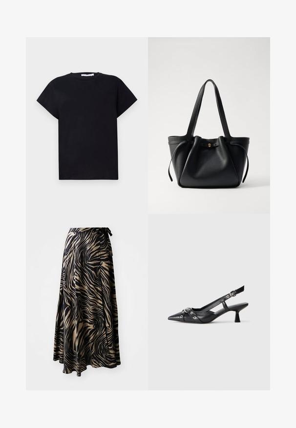 Iro TABITHA - Základné tričko - black; Sukňa z ľahkého materiálu s čierno-bežovým zebrovým vzorom. Má volný strih, uviazanie v páse a asymetrický lem.; Čierne kožené slingback topánky s špicatou špičkou, ozdobnými popruhmi s kovovými očkami a nízkym blokovým podpätkom. Textúrovaný povrch.; Čierna kožená taška na rameno s dvoma dlhými popruhmi, sťahovaným vrcholom a zlatým kruhovým akcentom. Hladký povrch s minimalistickým dizajnom.