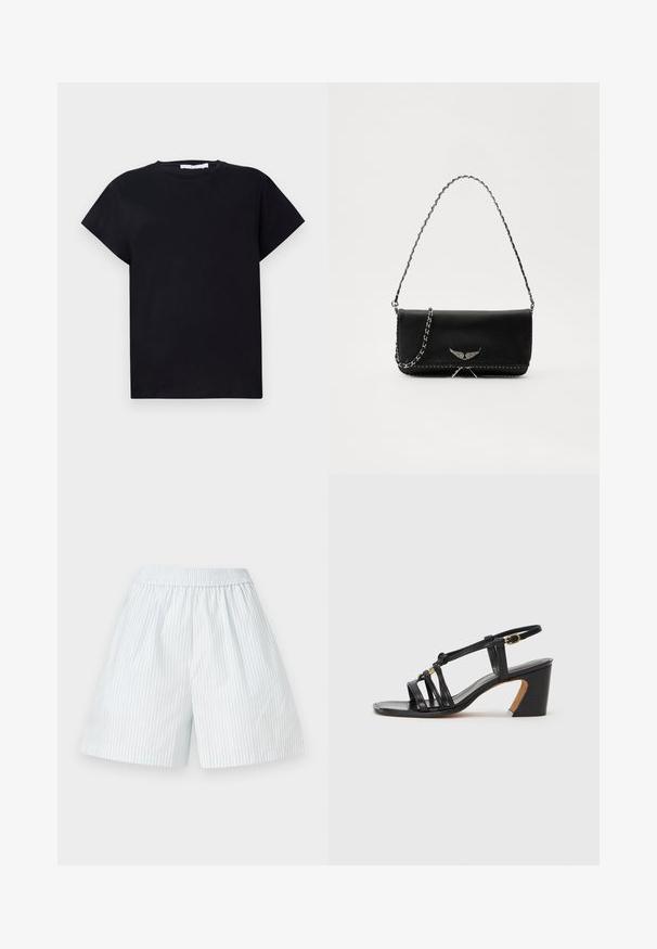 Iro TABITHA - Tricou basic - black; Shorts cu dungi albastre deschise, cu un elastic în talie. Confectionate dintr-un material neted, cu dungi albe verticale și un design lejer.; Paul Smith AMIRA - Pantofi clasici cu toc - black; Geantă de mână din piele neagră cu un lanț din argint, având accente decorative în formă de aripi și cusături albe de-a lungul cusăturii de jos.