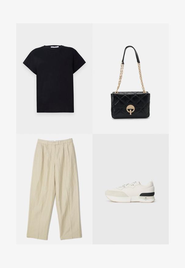 Iro TABITHA - Basic T-shirt - black; Beige linen trousers with a wide-leg design, featuring front pleats, side pockets, and a smooth texture. Classic cut and versatile style.; White sneaker featuring a textured suede toe cap, smooth mesh upper, decorative laces, and a black rubber heel accent.; Black quilted leather handbag with a gold chain strap, featuring a circular clasp detail. Compact rectangular shape with a smooth texture.
