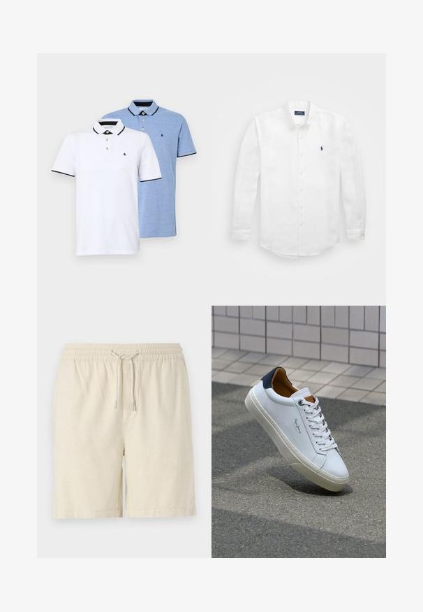 Two polo shirts: one white with black accents, the other light blue heather. Each features a collar and two-button placket with logo.; White long-sleeve shirt made of cotton with a button-down collar, featuring a small navy logo on the left chest and classic button fastening.; Light beige shorts made from a textured fabric. Features an elastic waistband with a drawstring and side pockets. Classic cut and casual design.; White leather sneaker with a navy heel, round toe, and contrasting brown accents. Features flat laces and textured rubber sole.