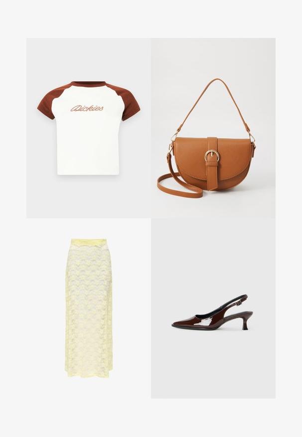T-shirt med kort ärm, vit kropp och bruna raglanärmar. Har "Dickies" broderat i stiliserad text över bröstet. Slät textur.; Gul spets maxikjol med ett vågigt mönster, med en slät midja och mjuk, genomskinlig textur. Designad för en svävande silhuett.; Brun lackläder slingback-sko med spetsig tå och en måttlig klack. Utrustad med en spännband för säker passform. Slät textur.; Brun läder crossbody-väska med en böjd form, gyllene detaljer och en spänneaccent. Har en avtagbar axelrem.