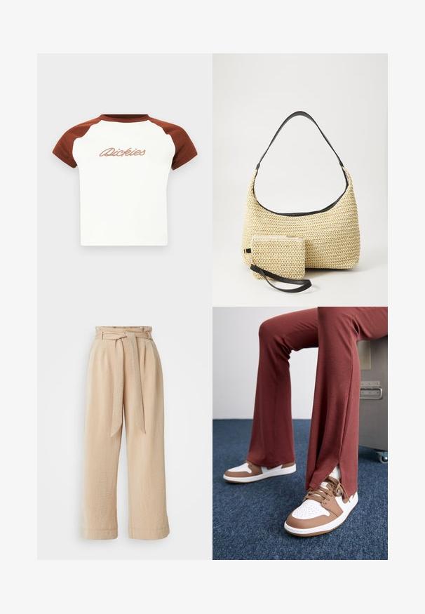 Lühikeste varrukatega t-särk valge kehaga ja pruuni raglanvarrukatega. Rinnal on stiliseeritud niidiga "Dickies" kiri. Sile tekstuur.; Bežid laiad püksid, millel on rihmaga vöö, valmistatud tekstuurlisest kangast. Omavad esikurtse ja sujuvat viimistlust ääres.; Roostevärvi ribidega püksid külgsuunaliste lõigetega, millele on lisatud valgeid ja pruune tossusid, esitledes kontrasteeruvaid värve ja tekstuure.; Kootud õlekott, millel on kõver siluett, ja sile must nahkrihm ning sobiv väike kott, mis on kinnitatud randme rihmaga.