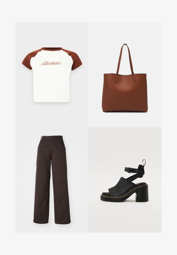 Kortermet t-skjorte med hvit kropp og brune raglanermer. Har "Dickies" i stilisert søm over brystet. Glatt tekstur.; Brune vide bukser med knaplukning og bæltestropper, lavet af slidstærkt stof, der har en glat tekstur og rene linjer.; Sorte hæle sandaler med åben tå, justerbar ankelrem, glat læderoverside og tekstureret gummisål med gule stikninger.; Brun lær tote veske med en jevn tekstur, åpen toppdesign og to skulderstropper. Har minimal søm og ingen synlige spiker.