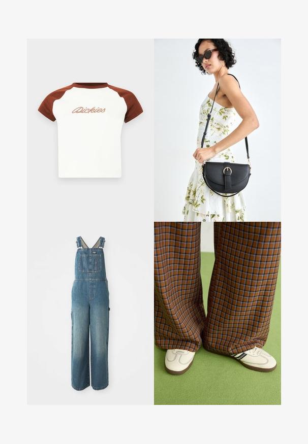 T-shirt s kratkimi rokavi z belo podlago in rjavimi raglan rokavi. Na prsih je napisan "Dickies" v stilizirani šivi. Gladka tekstura.; Jeansové kombinézy s širokými nohavicami, nastaviteľnými ramennými popruhmi, prednou vreckom a vybledlou modrou farbou. Vyrobené z pevného bavlneného materiálu.; Rjave in modre kariraste hlače širokih nogavic, v kombinaciji z belimi čevlji, ki imajo črne poudarke in teksturirane podplate, na zeleni podlagi.; Črna usnjena torbica s ukrivljeno obliko, z odstranljivo naramnico in zlatimi dodatki. Torbica ima pokrov s podrobnostmi v obliki zaponke.