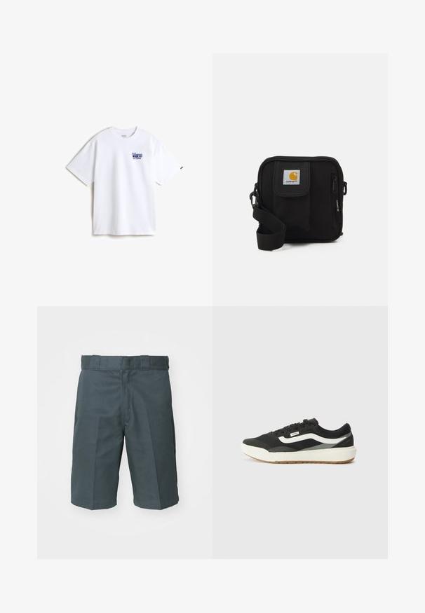 Weißes Baumwoll-T-Shirt mit einem blauen gestickten Logo auf der linken Brust. Klassischer Rundhalsausschnitt, kurze Ärmel und eine entspannte Passform.; Dunkelgraue Shorts aus einem robusten Stoff. Mit einem klassischen geraden Schnitt, flachem Bund und standardmäßigen Gürtelschlaufen. Keine sichtbaren Taschen.; Schwarze Sneakers mit weißen Akzenten, mit einem glatten synthetischen Obermaterial, runder Form und Gummisohle, kombiniert mit hellbeigen Hosen.; Schwarze Umhängetasche mit einem Reißverschluss-Hauptfach, einer Fronttasche, einem verstellbaren Tragegurt und einem sichtbaren Logo-Patch auf dem Deckel.
