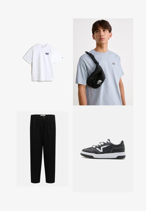 T-shirt bianca in cotone con logo ricamato blu sul lato sinistro del petto. Collo rotondo classico, maniche corte e vestibilità rilassata.; Pantaloni neri in morbido tessuto, con design a gamba dritta, pieghe frontali e chiusura con bottone in vita.; Sneaker in pelle nera con lacci bianchi, caratterizzati da un logo e cuciture bianche a contrasto. Il design include una robusta suola in gomma e una silhouette slanciata.; Borsa a tracolla nera in nylon con tracolla regolabile, caratterizzata da un logo bianco prominente. Indossata su una t-shirt azzurro chiaro. Design semplice e funzionale.