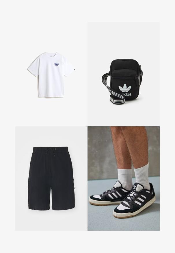 Bílý bavlněný tričko s modrou vyšitou nášivkou na levém prsu. Klasický kulatý výstřih, krátké rukávy a volný střih.; Černé cargo šortky s elastickým pasem, stahovací šňůrkou, bočními kapsami a kontrastním prošitím. Vyrobené z lehké tkaniny.; Černobílé tenisky s vrchní částí z semišové a kožené kůže, včetně tří bílých pruhů, perforovaného špičky a podrážky z gumy.; Černá crossbody taška z látky se zipovým uzávěrem, obsahující bílé logo Adidas a pruhovaný nastavitelný popruh pro snadné nošení.