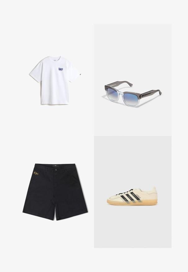 Bílý bavlněný tričko s modrou vyšitou nášivkou na levém prsu. Klasický kulatý výstřih, krátké rukávy a volný střih.; Černé bavlněné šortky s předním zapínáním na knoflík, postranními kapsami a malým žlutým rybíčkem na levé kapse.; Světle krémové tenisky s černým designem tří pruhů,Texturovaný svršek, kulatá špička a gumová podešev. Obsahují šněrování a branding po straně.; Šedé a čiré sluneční brýle s čtvercovým tvarem, gradientní modré čočky a metalické akcenty na spáncích. Lehký materiál.