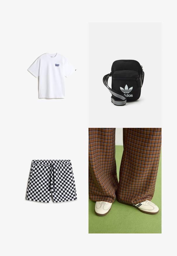 Valkoinen puuvillapaita, jossa on sininen brodeerattu logo vasemmalla rinnassa. Klassinen pyöreä kaula-aukko, lyhyet hihat ja rento mitoitus.; Mustat ja valkoiset ruudulliset uimapuvut, joissa on joustava vyötärö, nyöri ja sivutaskut, valmistettu sileästä, kevyestä kankaasta.; Ruskonsin ja sininen ruutukuvioinen leveälahkeinen housut yhdistettynä valkoisiin kenkiin, joissa on mustia yksityiskohtia ja tekstuuripohjat, vihreää taustaa vasten.; Musta kangas olkalaukku vetoketjulla, jossa on valkoinen Adidas-logo ja raidallinen säädettävä hihna helppoa kantamista varten.