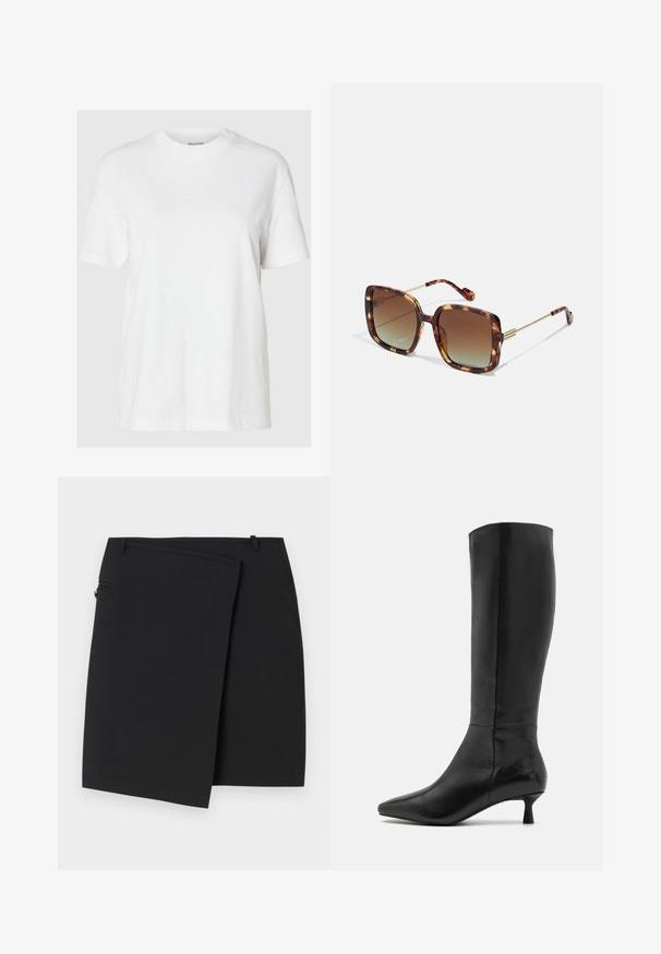Witte katoenen t-shirt met korte mouwen en een ronde halslijn. Heeft een relaxte pasvorm en een minimalistisch ontwerp zonder patronen of accenten.; Zwarte wikkelrok met een soepele textuur, voorzien van een ritssluiting aan de zijkant en twee riemlussen. Eenvoudig ontwerp zonder zichtbare patronen of accenten.; Zign Laarzen - black; Bruine schildpad-zonnebril met een vierkante vorm, gradient lenzen en gouden metalen accenten op de pootjes en armen. Getextureerde oppervlakte.; Zwarte leren schoudertas met een gladde textuur, voorzien van een dunne, lange schouderband en een subtiele stiknaad in het midden.