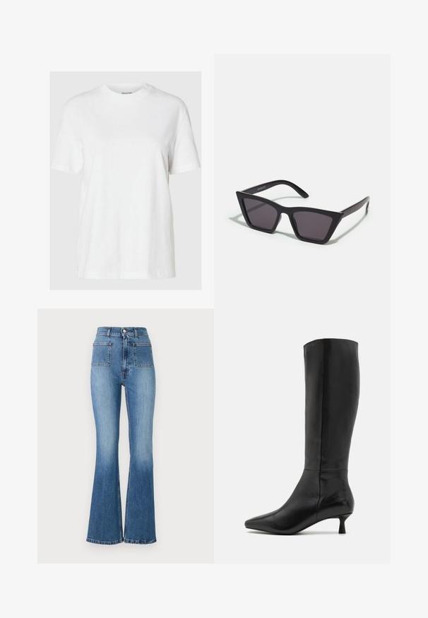 Biała koszulka z bawełny, z krótkimi rękawami i okrągłym dekoltem. Charakteryzuje się luźnym krojem oraz minimalistycznym stylem, bez wzorów i dodatków.; Dzwony z niebieskiego denimu z wysokim stanem, z dwoma tylnymi kieszeniami i wyblakłym wykończeniem. Doły spodni są obszyte subtelnym wzorem.; Zign - Kozaki; Czarne, kanciaste okulary przeciwsłoneczne z szarymi soczewkami; wykonane z plastiku, z grubymi zausznikami o gładkiej powierzchni i bez widocznych elementów metalowych.; Czarna zamszowa kopertówka z zapięciem na zamek i odpinanym paskiem na nadgarstek. Wyposażona w elementy w kolorze złotym oraz gładką, matową fakturę.
