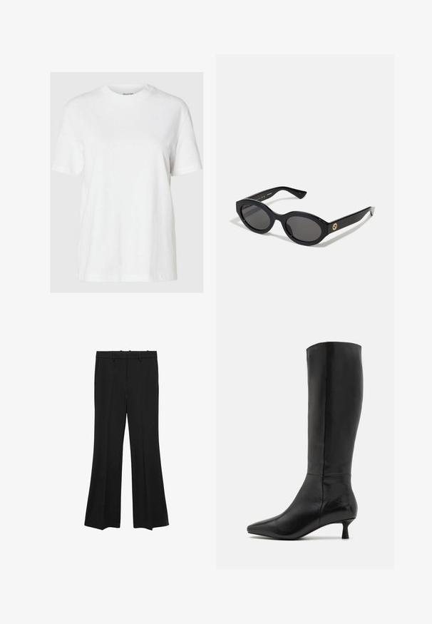 Valkoinen puuvillapaita, jossa on lyhyet hihat ja pyöreä kaula-aukko. Ominaisuuksiin kuuluu rento istuvuus ja minimalistinen muotoilu ilman kuvioita tai koristeita.; Mango Housut - black; Zign Saappaat - black; Mustat soikeat aurinkolasit tummilla linsseillä ja kiiltävästä muovista valmistetulla kehällä. Varustettu kullanvärisellä logolla temppeleissä, tarjoten tyylikkään ja modernin muotoilun.