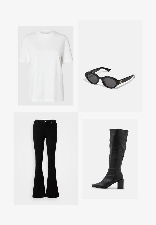 Valkoinen puuvillapaita, jossa on lyhyet hihat ja pyöreä kaula-aukko. Ominaisuuksiin kuuluu rento istuvuus ja minimalistinen muotoilu ilman kuvioita tai koristeita.; Mustat levenevät farkut, jotka on valmistettu sileästä denim-kankaasta. Niissä on nappisulku, kaksi etutaskua ja yksinkertainen muotoilu.; RAID BLICK - Saappaat - black; Mustat soikeat aurinkolasit tummilla linsseillä ja kiiltävästä muovista valmistetulla kehällä. Varustettu kullanvärisellä logolla temppeleissä, tarjoten tyylikkään ja modernin muotoilun.; Musta nahkainen olkalaukku, jossa on sileä pinta, ohut ja pitkä hihna sekä hienovarainen ommeltu yksityiskohta keskellä.