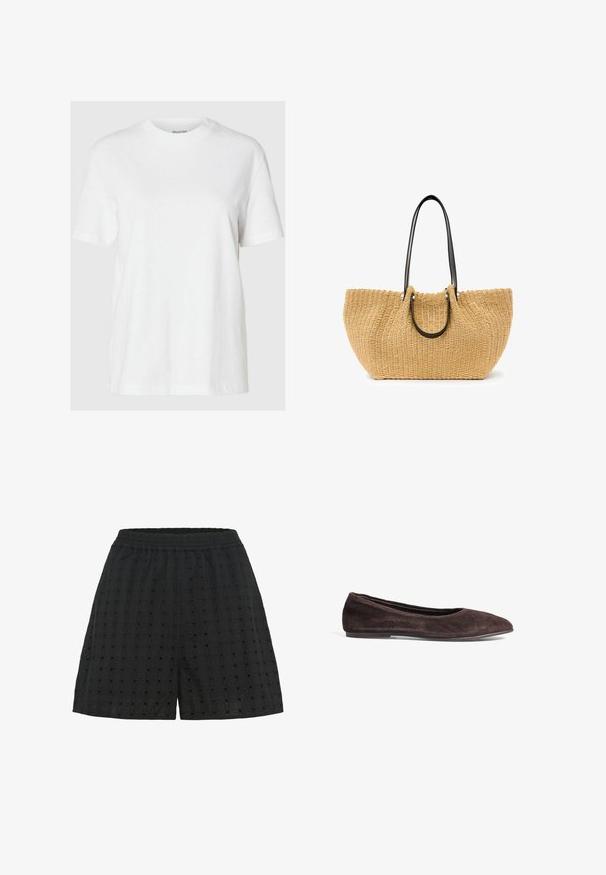 Balts kokvilnas t-krekls ar īsām piedurknēm un apaļu kakla izgriezumu. Iezīmē relaksētu piegriezumu un minimālu dizainu bez rakstiem vai akcentiem.; Melni šorti ar teksturētu audumu, kas satur režģa rakstu un nelielus izgriezumus. Elastīga jostasvieta nodrošina komfortu un elastību.; Brūni zamša deju kurpes ar smailu purngalu un zemu profilu. Īpaši ar gludu tekstūru un minimālistisku dizainu. Nav redzamu detaļu vai akcentu.; Austa auduma soma, izgatavota no pelēka salmiem, ar melniem ādas rokturiem un sudraba detaļām. Plaša, izliekta forma ar teksturētu virsmu.; Pilgrim JACE - Auskari - gold-coloured