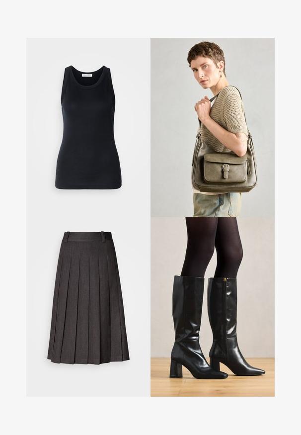 Top negro sin mangas hecho de tela suave y elástica. Presenta un escote redondo y tirantes anchos, con una silueta ajustada y una textura suave.; Falda gris plisada con una cinturilla plana, de longitud midi y textura suave, que presenta pliegues afilados y espaciados uniformemente en todo su diseño.; Botas de cuero negro hasta la rodilla con un acabado brillante, puntera afilada y tacón grueso. Detalle de cremallera lateral para facilitar su uso.; Bolso de piel en color verde oliva con tapa frontal, correa ajustable y detalles de hardware en plata, exhibido en un modelo que lleva un top de punto.; Pendiente de aro de plata con un acabado pulido, que presenta pequeños detalles en dorado y una forma redonda, llevado en el lóbulo.