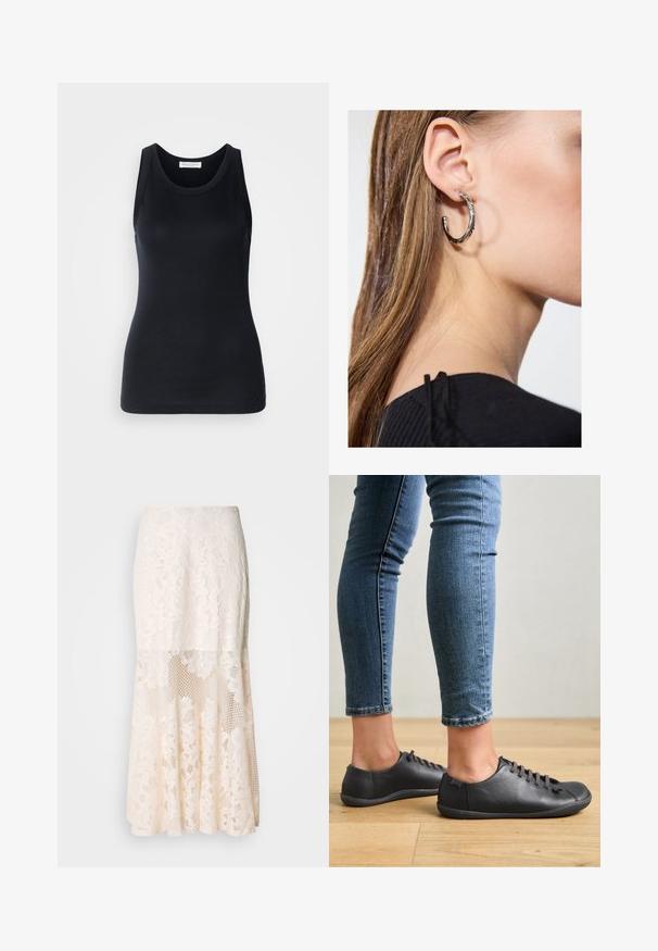 Musta tanktop, mis on valmistatud pehmest ja venivast materjalist. Omab ümmargust kaelust ja laiu õlapaelu, ning sellel on voolav siluett ja sile tekstuur.; Kreemikas lilleline pitsi midi seelik; sisaldab kihilise kujunduse, läbipaistvate osade, tekstureeritud pitsi ja laienevat hemmi.; Mustad mustad nahk kingad ümarate varvastega, madala profiiliga ja nööridega. Kombineeritud siniste, istuvate teksadega ja puidust põranda taustaga.; Hõbedane rõngas kõrvarõngas poleeritud viimistlusega, millel on väikesed kuldsed aktsendid ja ümmargune kuju, kantud lobus.