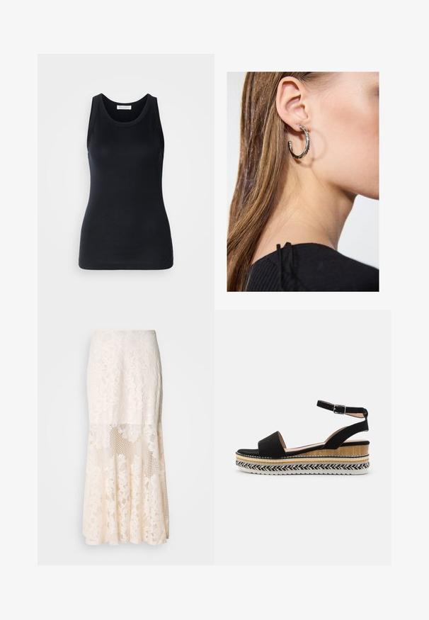 Black tank top made from soft, stretchy fabric. Features a round neckline and wide shoulder straps, with a fitted silhouette and smooth texture.; Floral lace midi skirt in cream; features layered design with sheer sections, textured lace, and a flared hem.; Black suede sandal with a wide strap, ankle buckle, and a layered wedge sole featuring natural textures and a braided pattern.; Silver hoop earring with a polished finish, featuring small gold accent details and a round shape, worn on the lobe.