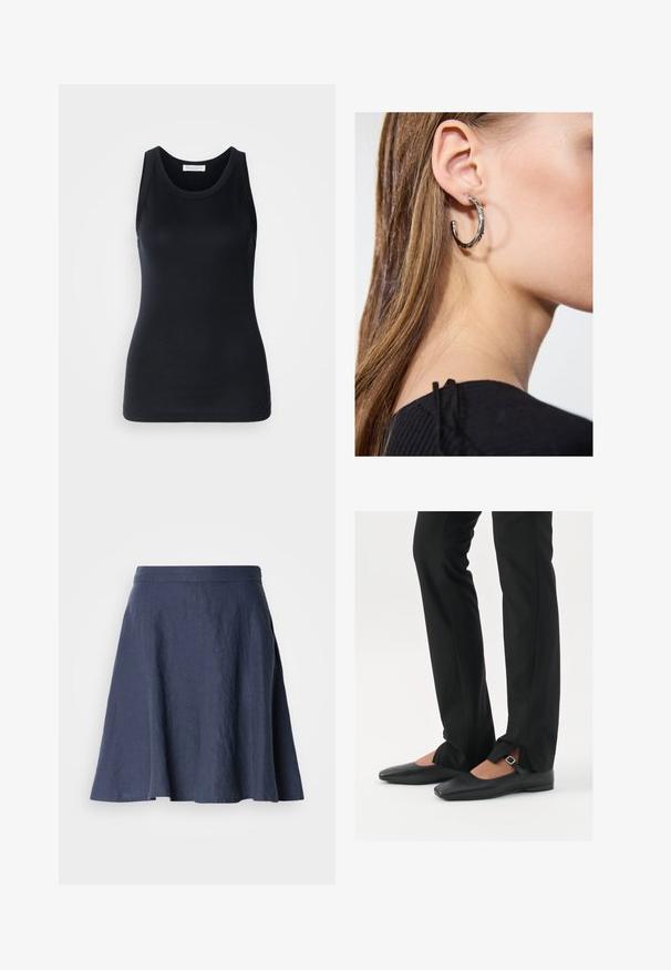 Črn top brez rokavov, izdelan iz mehkega, raztegljivega materiala. Ima okrogel ovratnik in široke naramnice, s prilagojeno silhueto in gladko teksturo.; Temno modra lanena krila s hrbtnim oblikom, lahka tekstura, dolžina do sredine meč in dvešči detajli ob šivih.; Črne usnjene balerinke s koničastim nosom, trak z srebrno zaponko, v kombinaciji s črnimi elegantnimi hlačami z razporkom na robu.; Srebrna obročasta uhana s polirano površino, ki vključuje majhne zlate poudarke in okroglo obliko, nošena na ušesnem lobu.